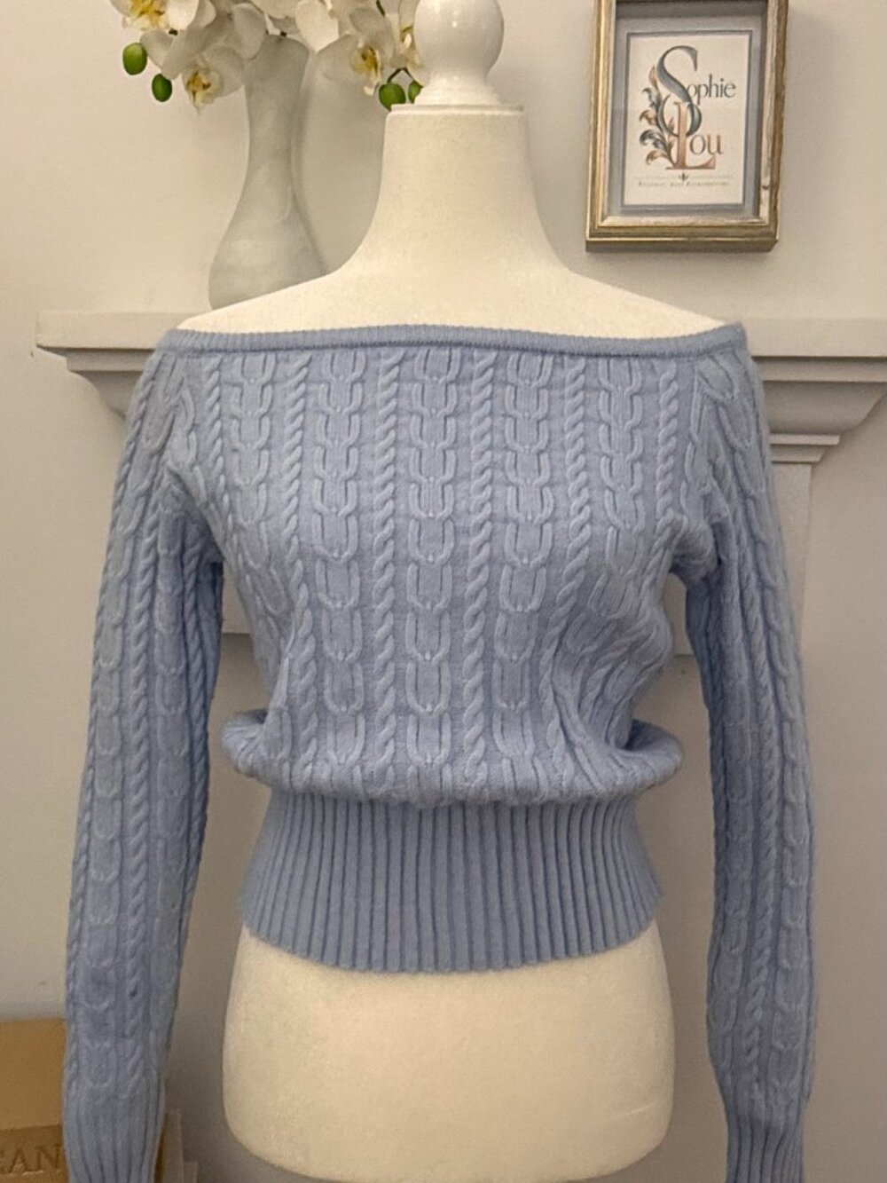 Powder Blue Cable Knit Off Shoulder Sweater Size M